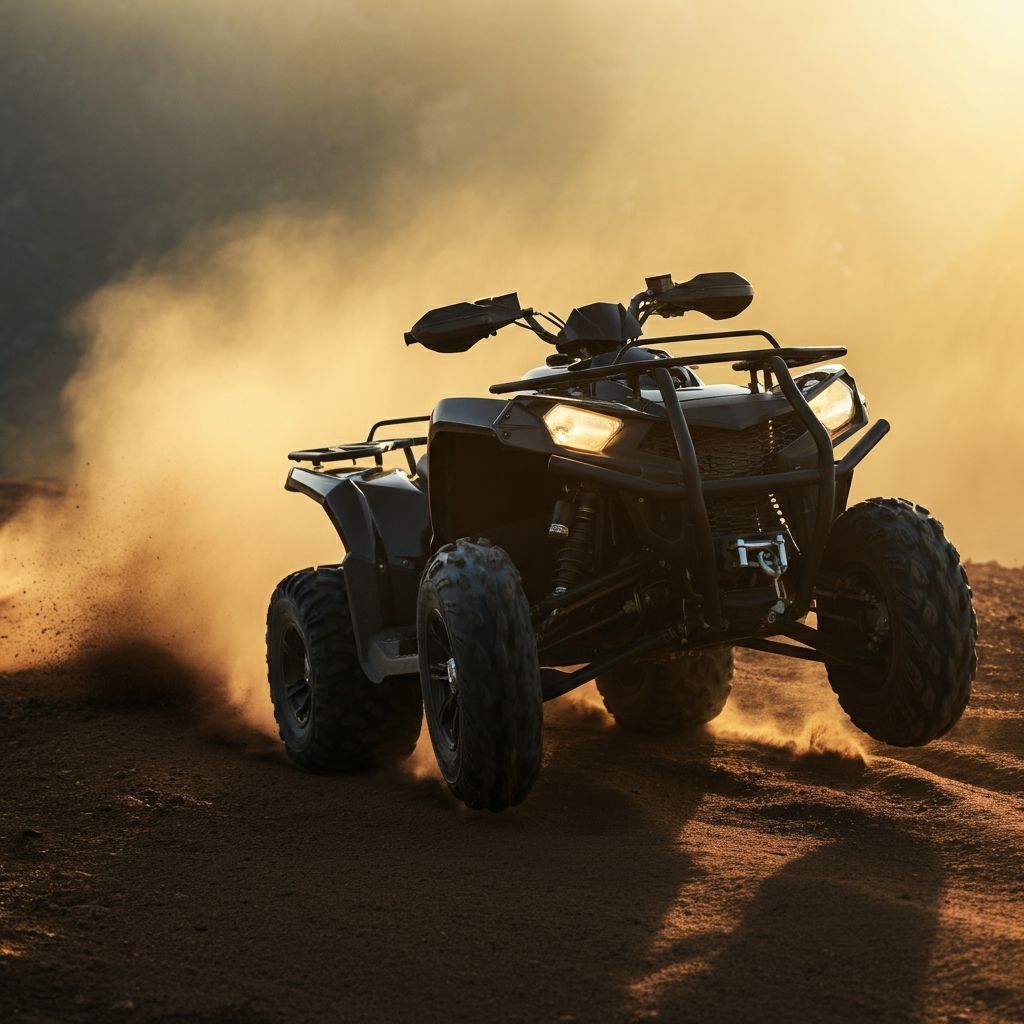 An ATV executing an emergency stop on a dirt road, with dust kicking up from the tires. The rider is leaning slightly back, maintaining control. Bright sunlight illuminating the scene.