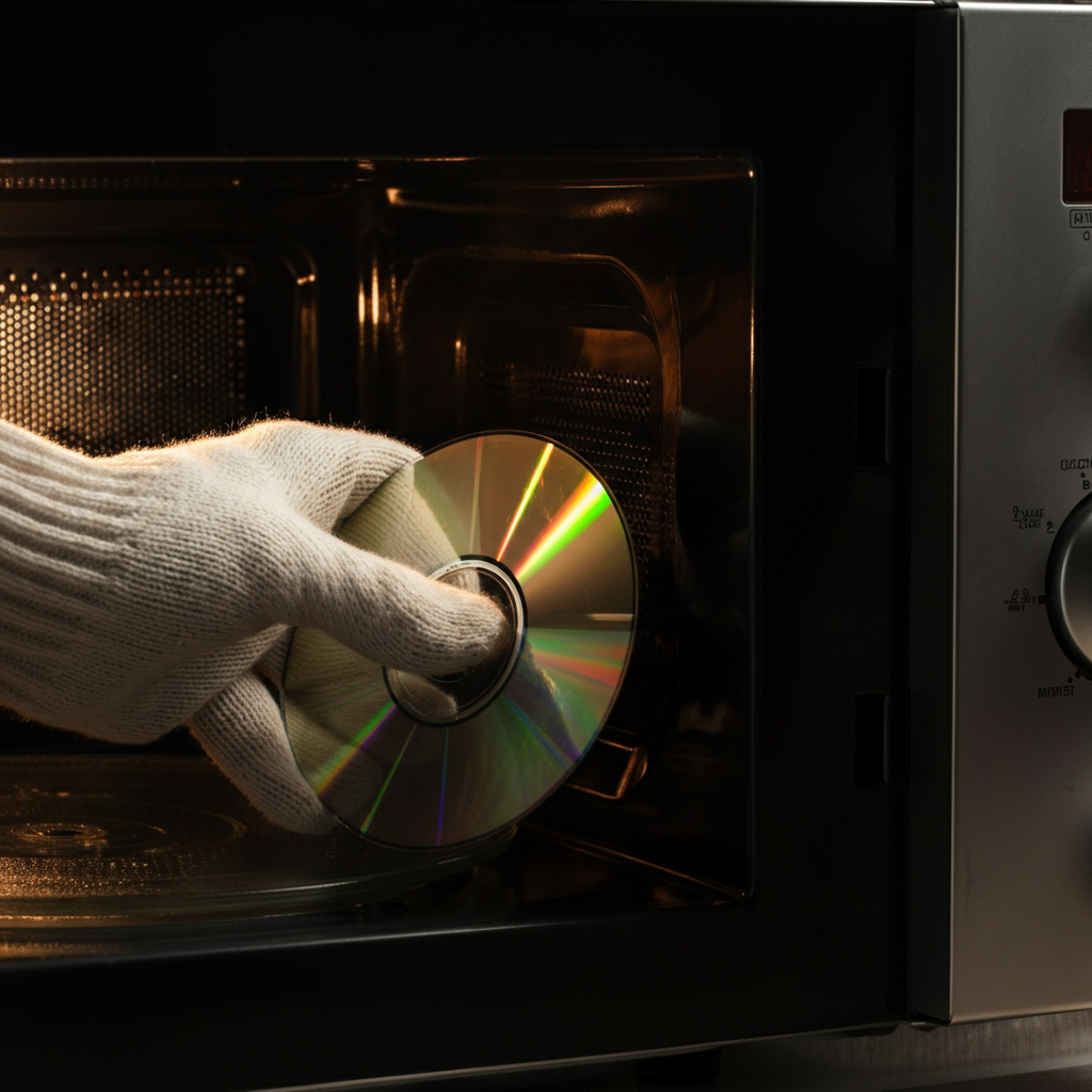 Close-up of a gloved hand carefully placing a scratched CD-R inside a clean, older-model microwave oven. Soft, diffused lighting highlights the texture of the CD surface.