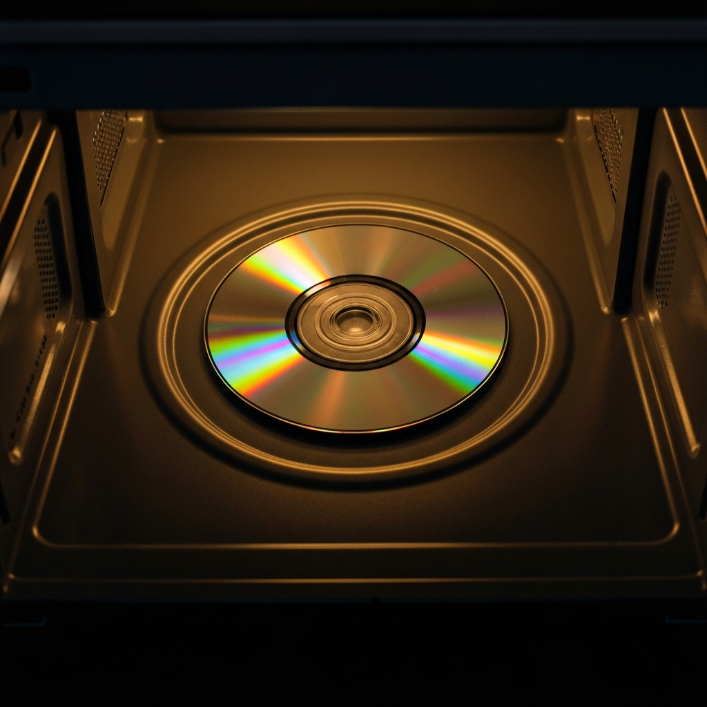 A close-up, top-down shot of a CD placed on a small ceramic cup inside a microwave oven. The microwave interior is clean and well-lit, showcasing the CD's position.