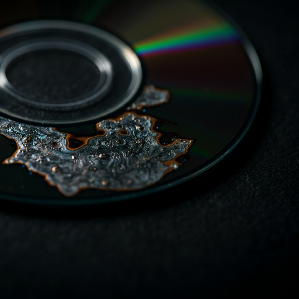 A close-up of a microwaved CD, showing intricate burn patterns and metallic residue. The CD is resting on a dark surface, with soft, indirect lighting highlighting the details of the etched surface.