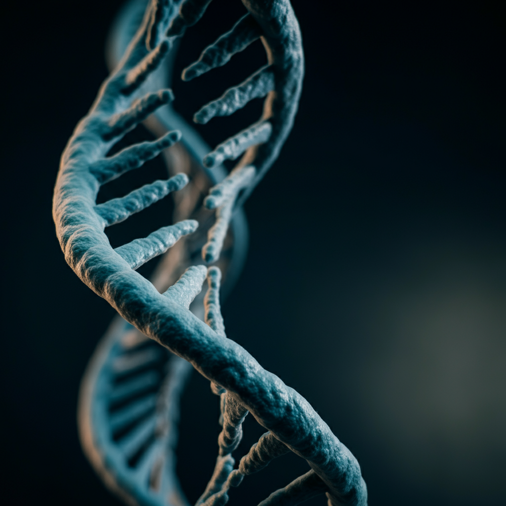 Close-up shot of a DNA double helix model, side-lit with soft, diffused lighting. The model is partially blurred in the background, with a shallow depth of field focusing on a specific segment. The colors of the model are muted and pastel.