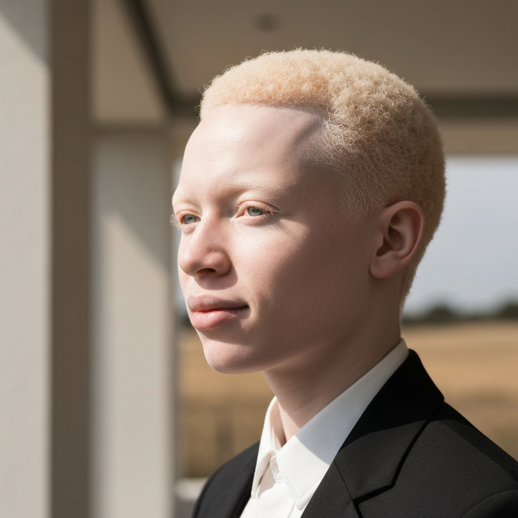 A portrait of a person with albinism. They are bathed in natural, soft light. Focus is on their face, showcasing the pale skin and hair. The background is a blurred, warm-toned landscape. The person is facing slightly to the side, with a gentle expression.