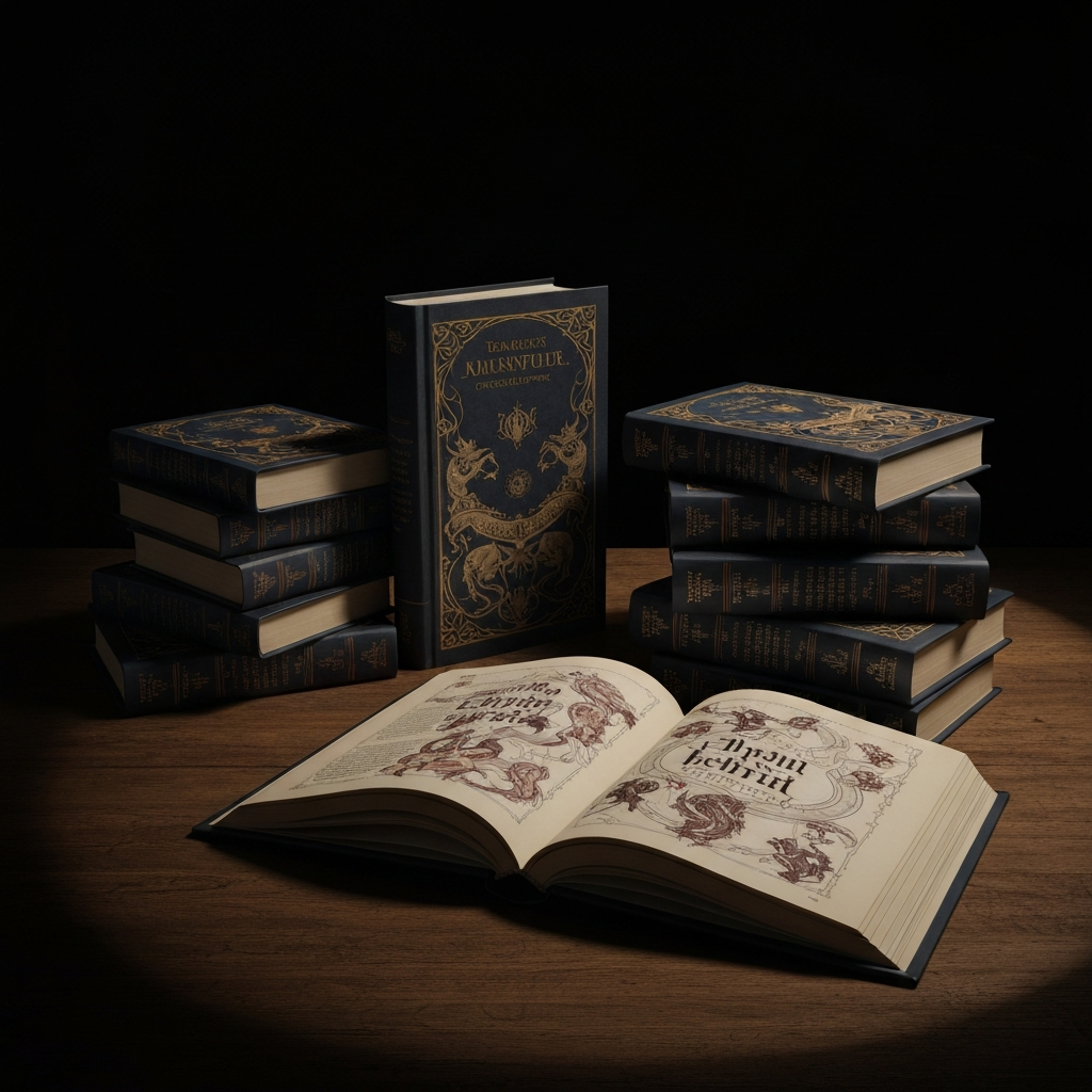 A stack of fantasy books with ornate covers, arranged on a dark wooden table. The books are illuminated by a single spotlight, creating dramatic shadows. One book is open, showing a page with stylized text and illustrations of mythical creatures.