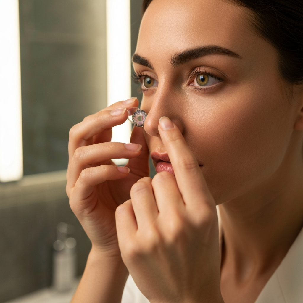 Close-up of a woman's face as she carefully inserts a colored contact lens. Her hands are clean and well-manicured. The background is a well-lit bathroom with a modern aesthetic. Focus is on her eyes and the contact lens, emphasizing the vibrant color of the lens.