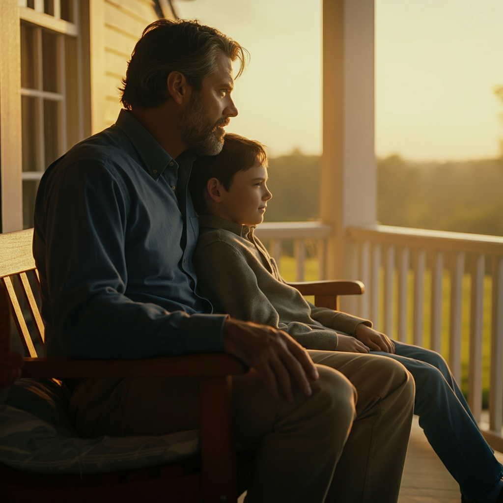 A father and son are sitting on a porch swing at sunset, sharing a quiet moment. The light is golden, casting long shadows. The father has his arm around the son, and they are both looking out at the horizon. The scene has a nostalgic, heartwarming feel, with soft bokeh in the background.
