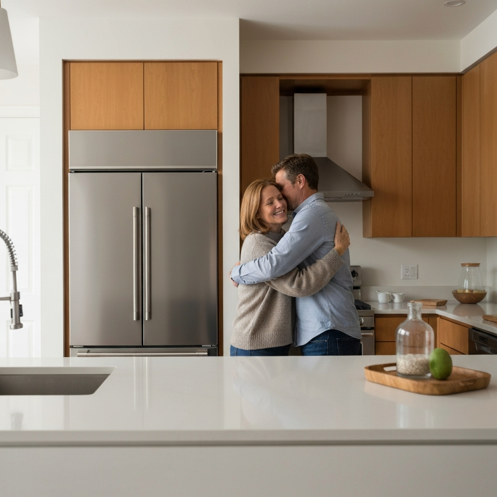 A mother is hugging her grown son in a warmly lit kitchen. The kitchen is clean and modern, with stainless steel appliances and wooden cabinets. The mother is wearing a comfortable sweater, and the son is in a casual button-down shirt. The lighting is soft and diffused, creating a cozy and intimate atmosphere.