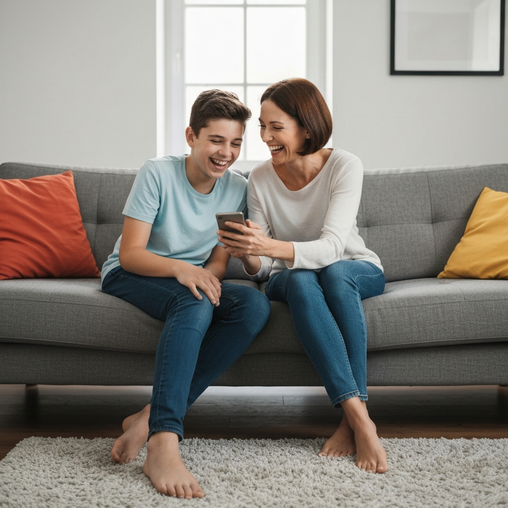 A mother and her teenage son are sitting on a couch, laughing together. The mother is holding a phone, showing the son something funny. The living room is comfortable and lived-in, with a soft rug and colorful throw pillows. The lighting is bright and cheerful, creating a sense of warmth and connection.