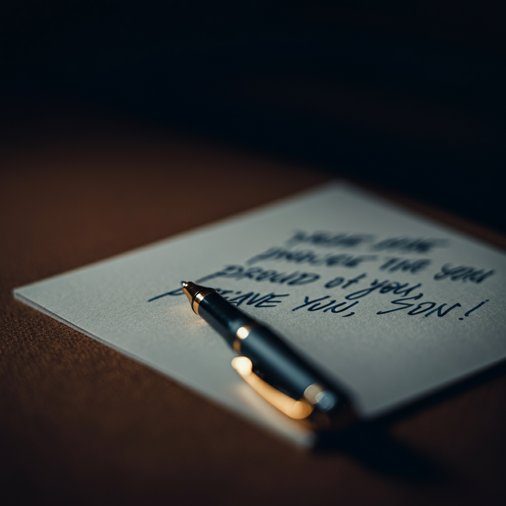 A close-up shot of a handwritten note that reads "Proud of you, Son." The note is written on simple paper with a pen, giving it a personal and authentic feel. The background is slightly blurred, emphasizing the message itself. The lighting is soft and natural, highlighting the texture of the paper.