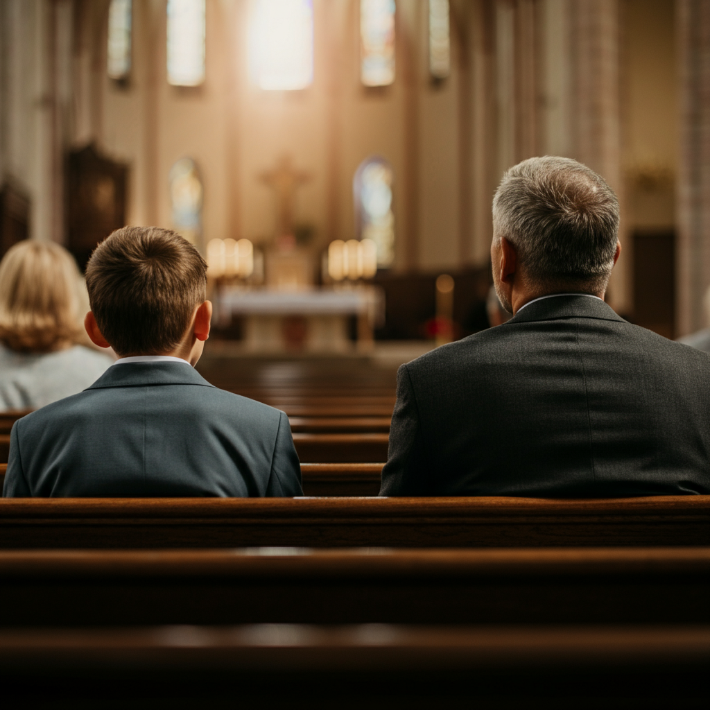 A father and son are sitting in a church pew, listening attentively to the sermon. The church is filled with soft, natural light streaming through stained glass windows. Both are dressed respectfully. The scene evokes a sense of peace, reflection, and shared faith.