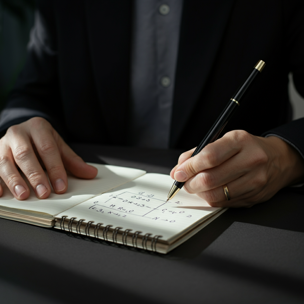 A person at a desk, professionally dressed, writing the compound interest formula on a notepad with a pen. Soft focus, natural light coming from a nearby window, creating subtle side-lit textures.
