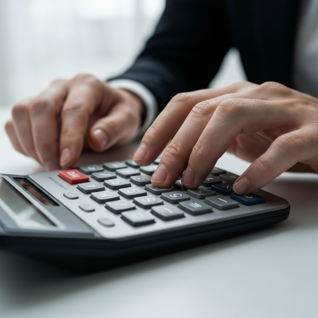 Hands typing numbers into a scientific calculator, focusing on the keys and the calculator screen. Soft, diffused lighting to minimize glare, emphasizing the texture of the calculator.
