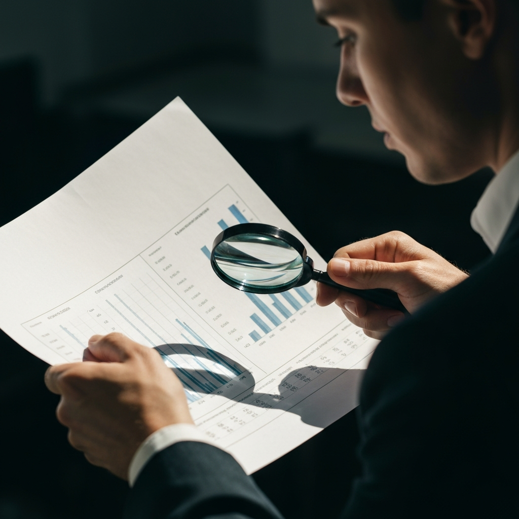 A person holding a printed financial report, carefully reviewing the figures with a magnifying glass. Natural window light highlighting the paper's texture and the person's focused expression.