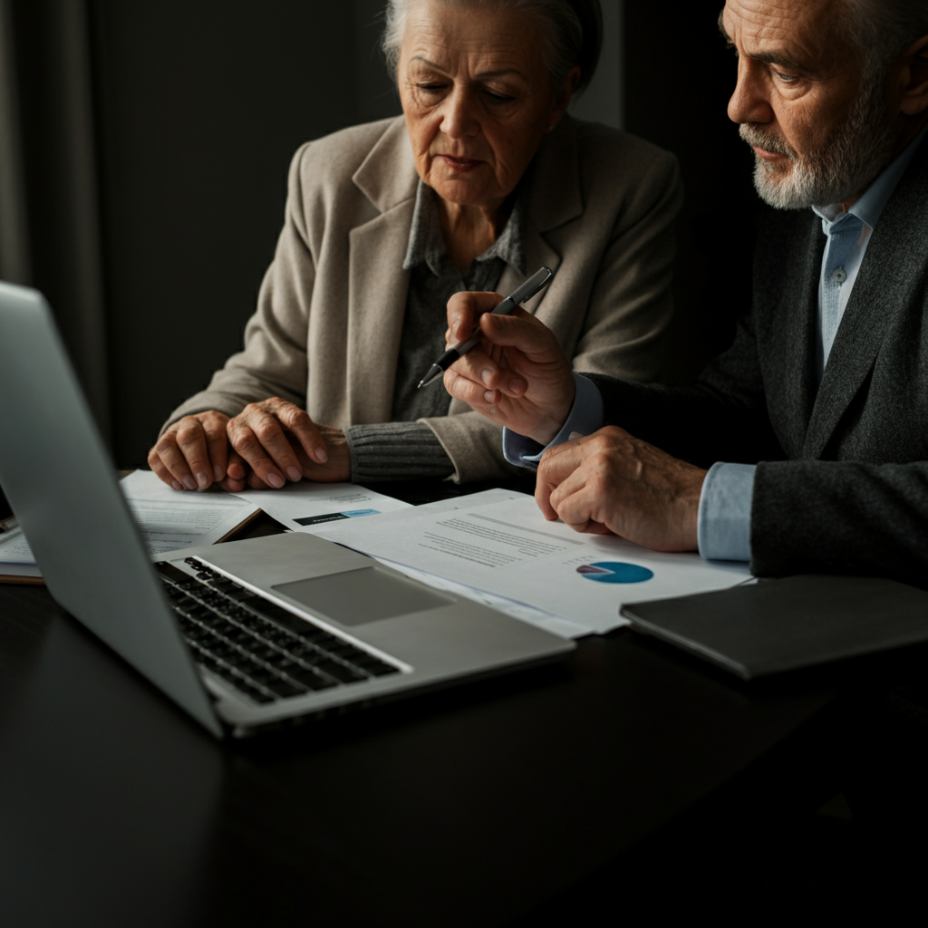An older and younger person sitting together at a table, reviewing financial documents and a laptop. The older person is gesturing with a pen. Warm, inviting lighting creating a sense of intergenerational knowledge transfer.