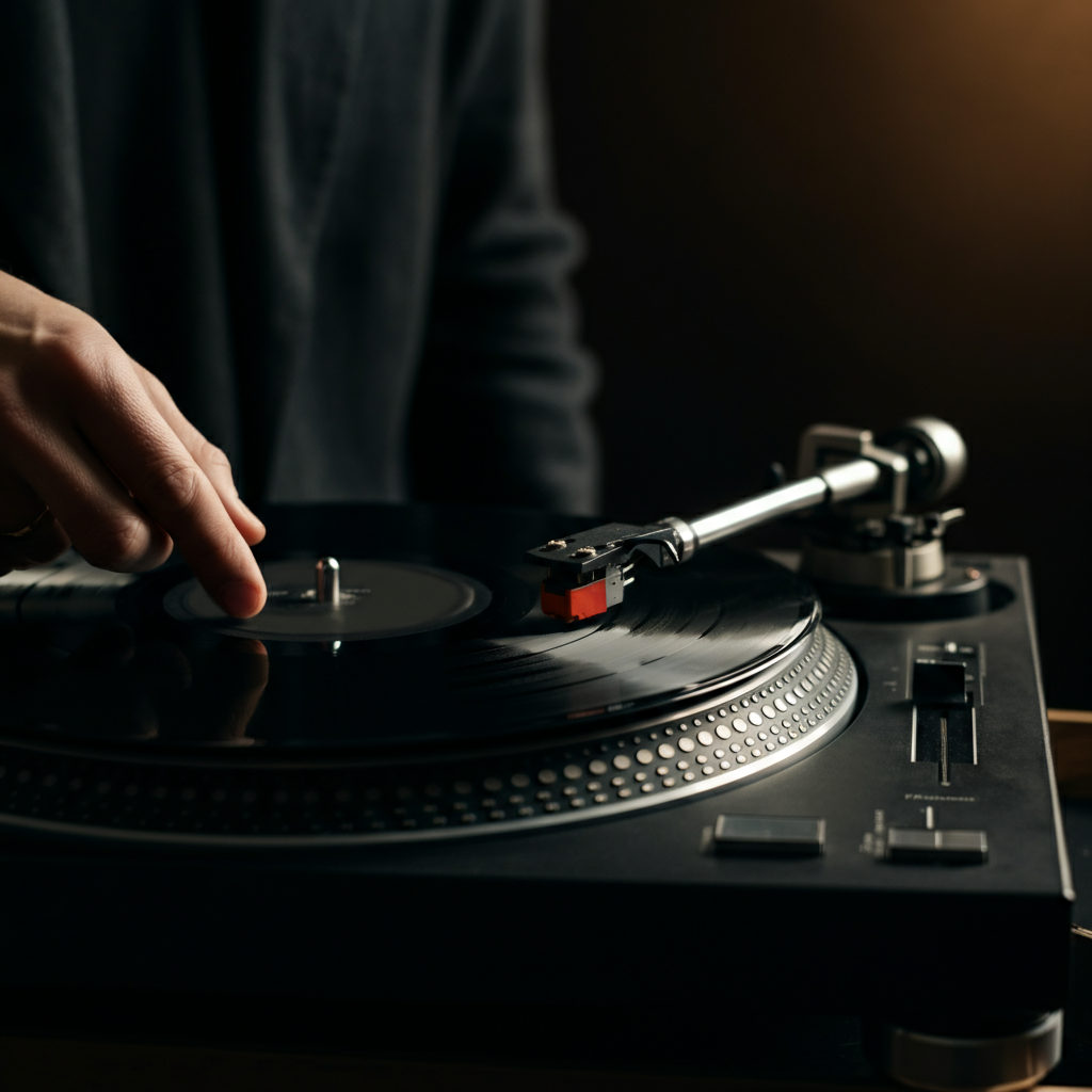 A close-up shot of vinyl records on a turntable, warm lighting with a soft bokeh effect, highlighting the texture of the vinyl.