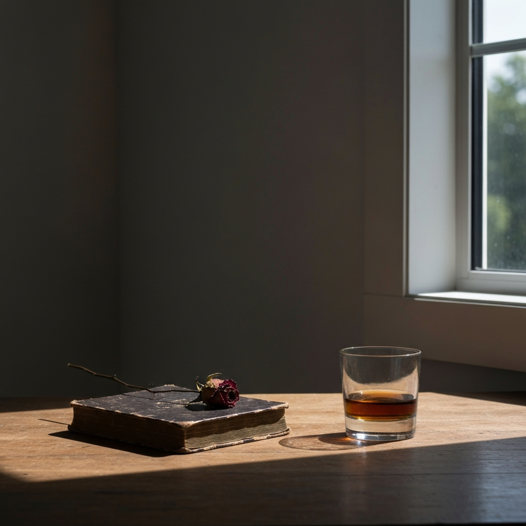 A still life photograph of a weathered bible, a half-empty glass of whiskey, and a dried rose on a rustic wooden table, lit by a single window with natural light.