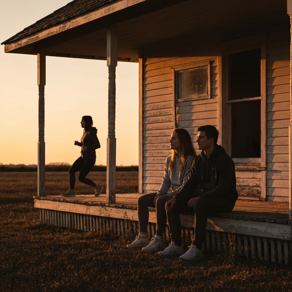 A photograph of two young adults sitting on the porch of a dilapidated farmhouse at sunset, side-lit textures, golden hour lighting. They are holding hands, looking off into the distance.