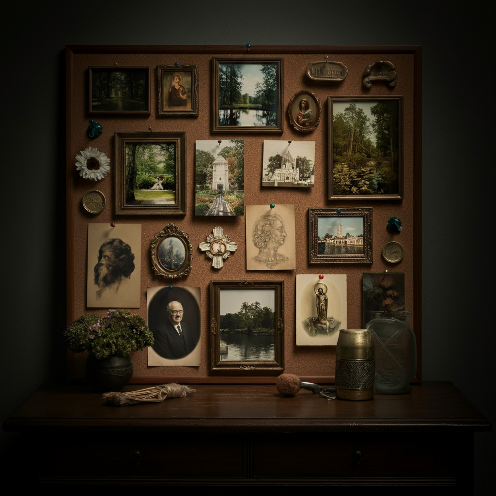 An artist's mood board featuring photographs of southern landscapes, religious iconography, and vintage portraits, arranged artfully on a corkboard with thumbtacks.