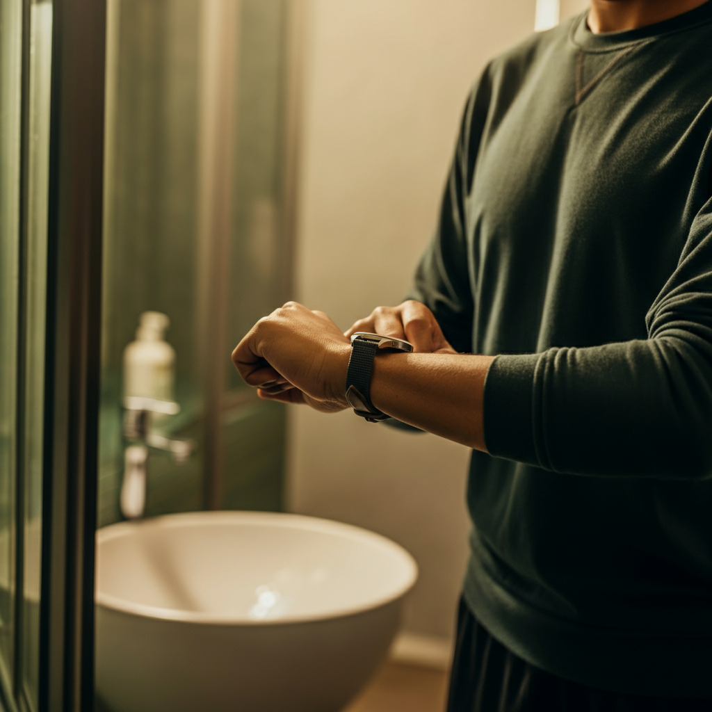 A person checking the time on their wristwatch in a well-lit bathroom. Soft, diffused light creates a calm and relaxed atmosphere. The focus is on the watch and the person's hand.