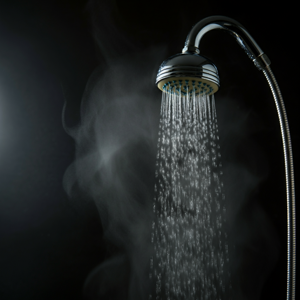 Steamy shower with blurred details of a shower head. Soft focus creates a sense of relaxation and warmth. The scene is back-lit, highlighting the rising steam.