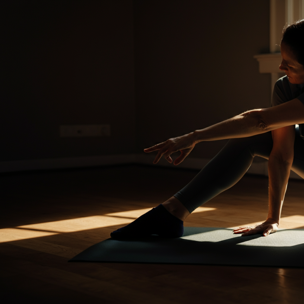A person gently stretching their arms in a sunlit yoga studio. The lighting is soft and warm, highlighting the natural textures of the wooden floor and yoga mat. The pose is relaxed and non-strenuous.