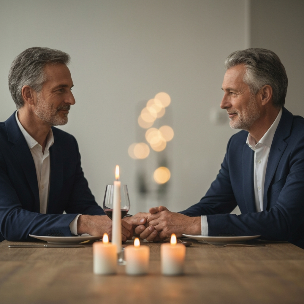 A mature couple holding hands across a dinner table, candles casting a warm glow on their faces, soft bokeh in the background, creating an intimate atmosphere.