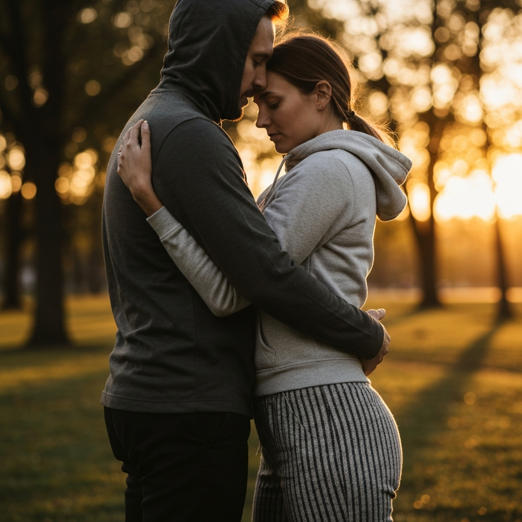 A couple embracing in a park at sunset, golden hour lighting highlighting the textures of their clothing, soft focus on the distant trees, creating a dreamy effect.