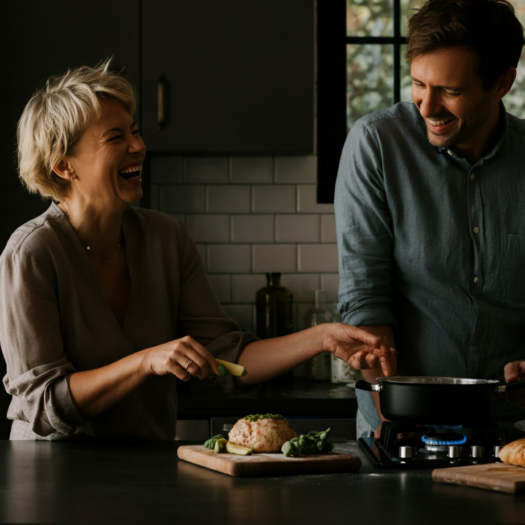 A couple laughing together while preparing food in a kitchen, natural light streaming through the window, creating a warm and inviting scene.
