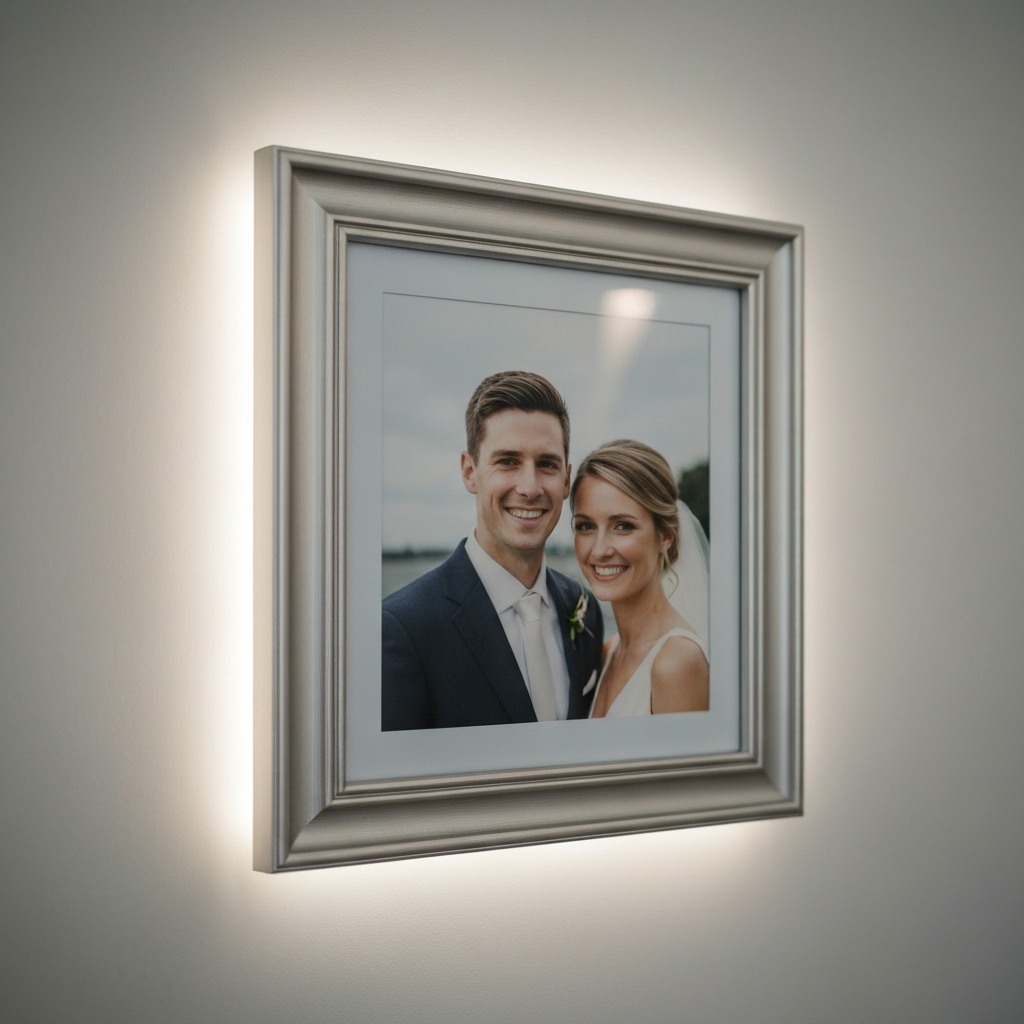 A silver photo frame displaying a wedding picture, soft backlighting creating a subtle glow, focus on the intricate details of the frame and the smiling faces in the picture.