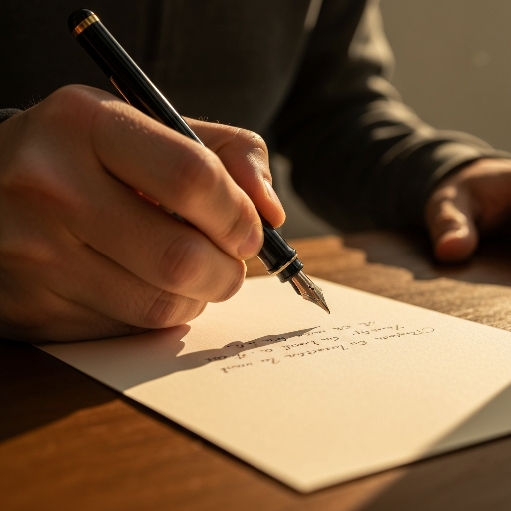 A hand carefully writing a message in a greeting card using a fountain pen, close-up shot emphasizing the texture of the paper and the ink, natural light illuminating the writing process.