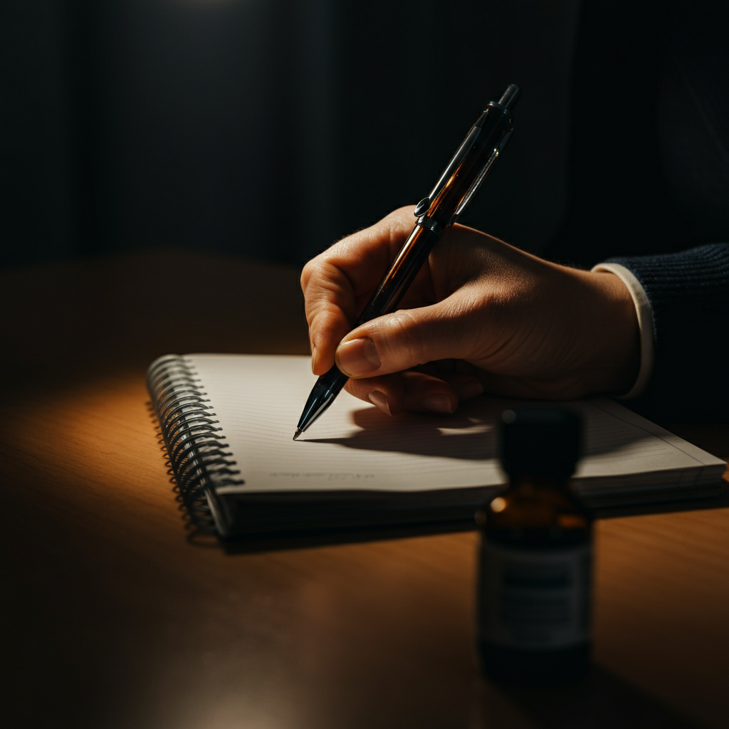 Close-up of a hand holding a pen over a notepad, illuminated by soft, warm light from a desk lamp. The background is slightly blurred, suggesting a calm and focused atmosphere. A small bottle of homeopathic remedies sits discreetly to the side.