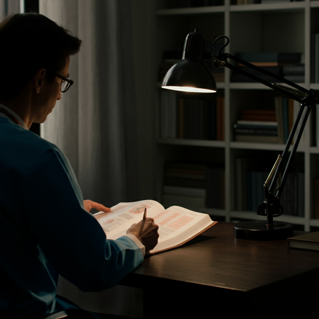 A well-lit study with shelves filled with medical books. A person sits at a desk, carefully examining an open book with detailed charts and diagrams. Soft bokeh in the background creates a sense of depth.