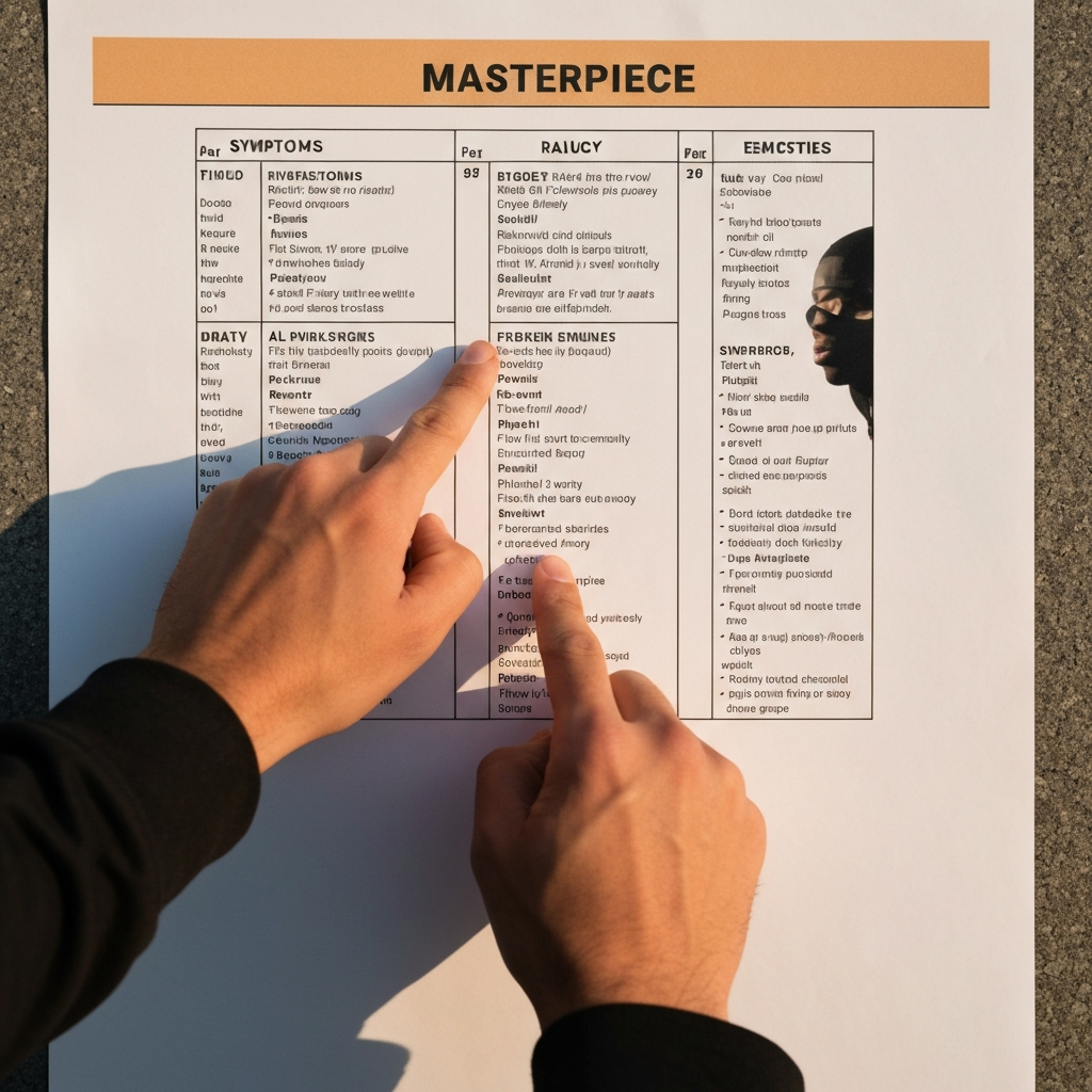 A hand pointing to a chart with various symptoms and remedies listed in columns. The lighting is bright and even, highlighting the detailed information on the chart. The overall composition is clean and professional.