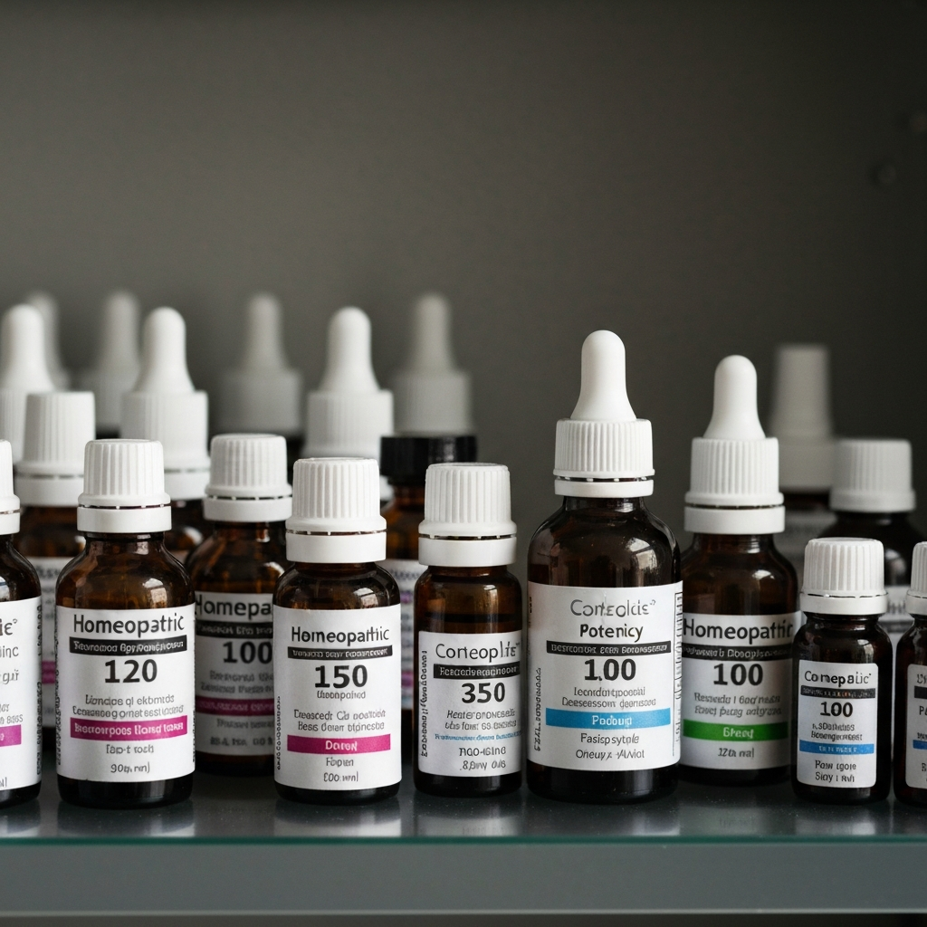 A close-up of various homeopathic remedy bottles, each with a different label indicating potency and dosage. The bottles are arranged neatly on a shelf, with soft, diffused light highlighting their textures and colors.