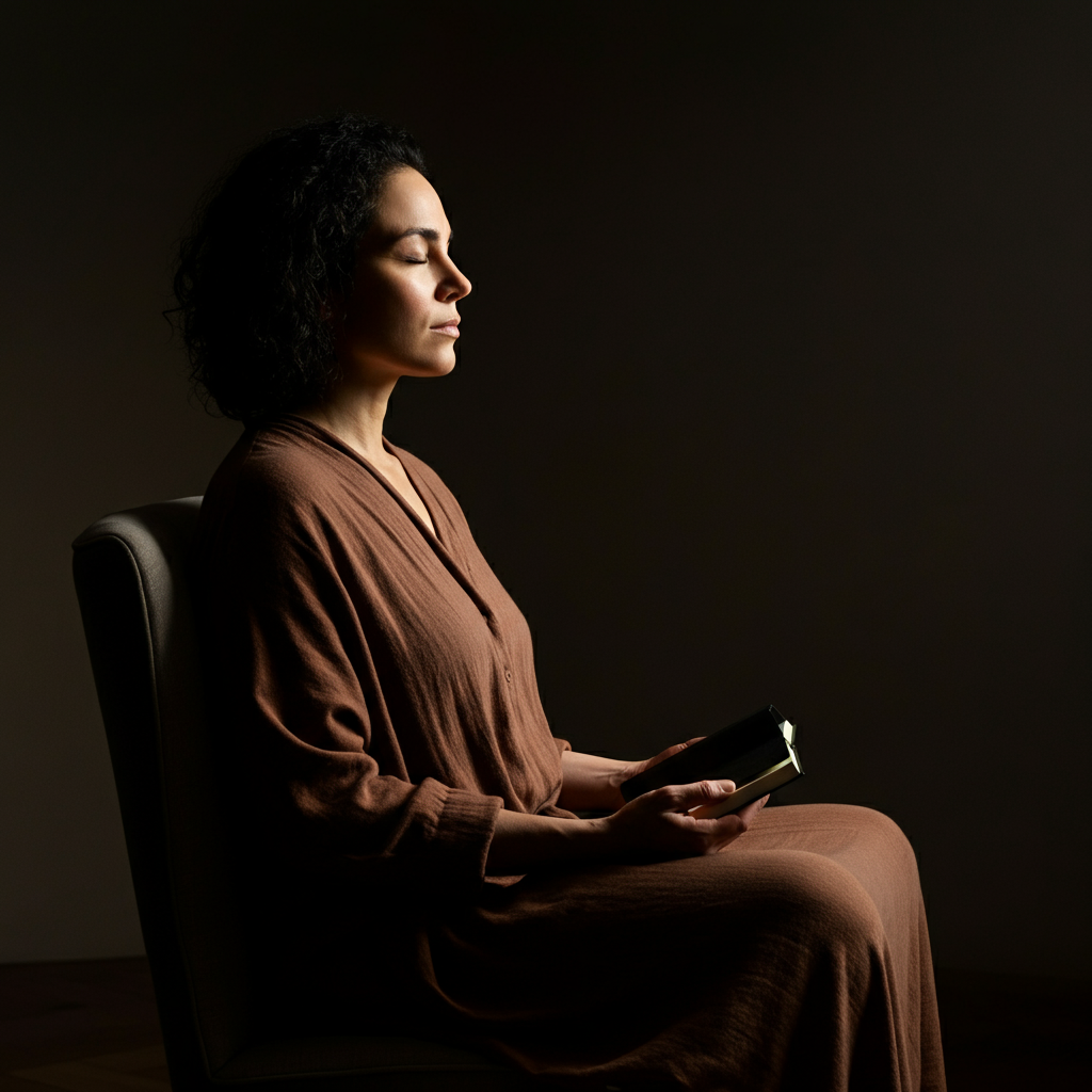 A person sitting comfortably in a chair, eyes closed, meditating. The lighting is soft and natural, creating a sense of peace and well-being. A small journal rests on their lap, suggesting a practice of self-reflection.