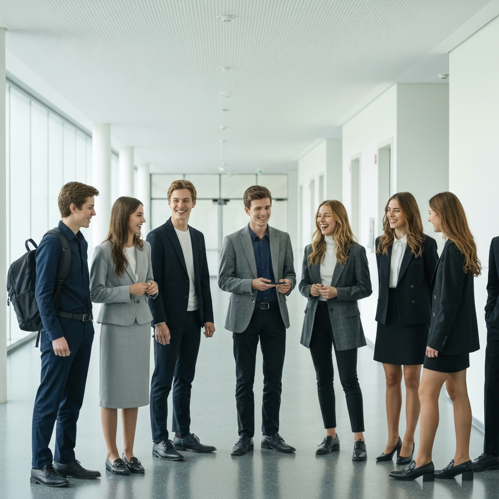 A group of teenagers are gathered in a brightly lit, modern school hallway, dressed in various current fashion styles. They are laughing and talking, showcasing subtle variations in their outfits, hair, and accessories. The scene is crisp and clean, with a shallow depth of field.