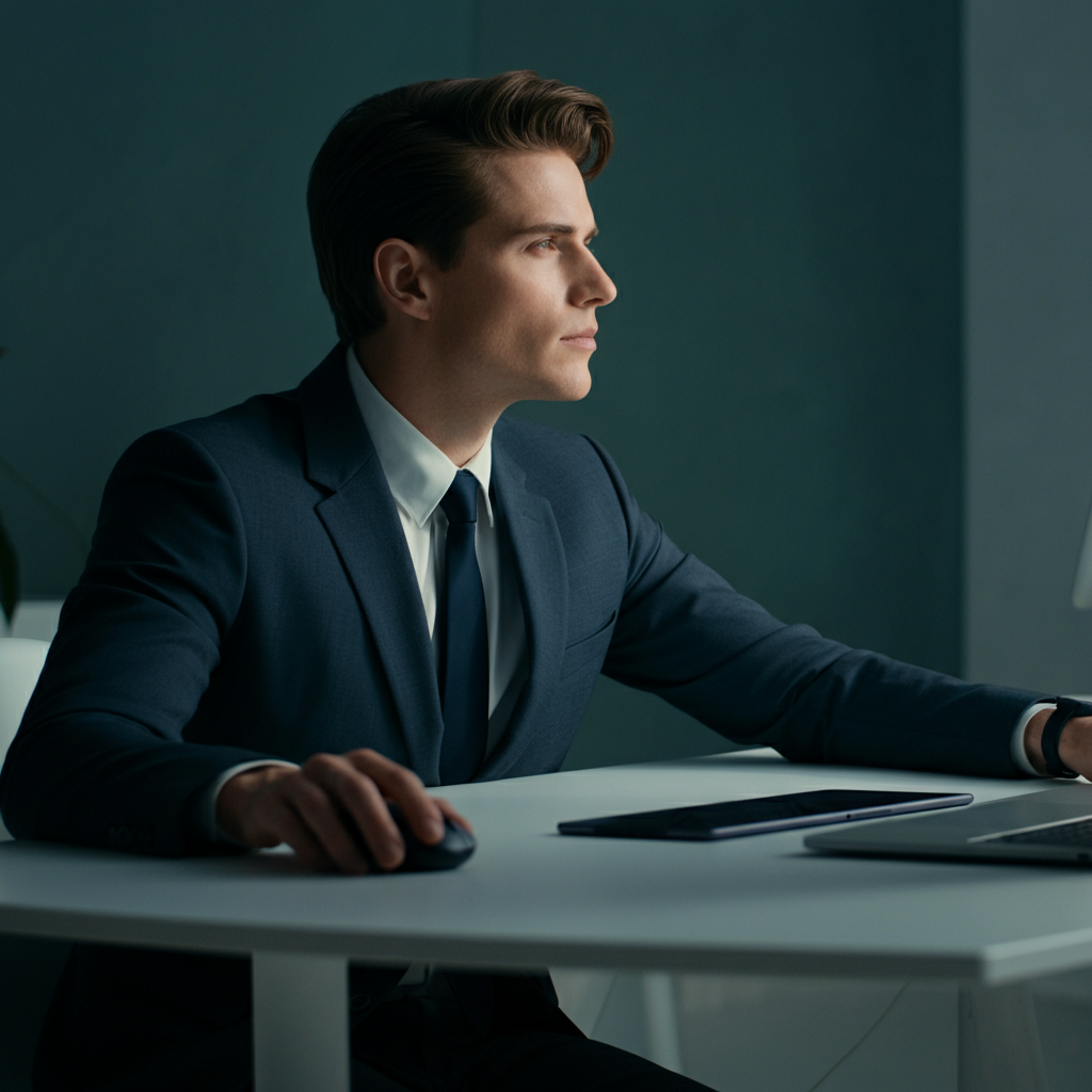 A young professional is working at a clean, minimalist desk, surrounded by technological devices. They are taking a break, looking out the window with a relaxed expression, separating themselves from the digital world for a moment. The room is bathed in natural light.