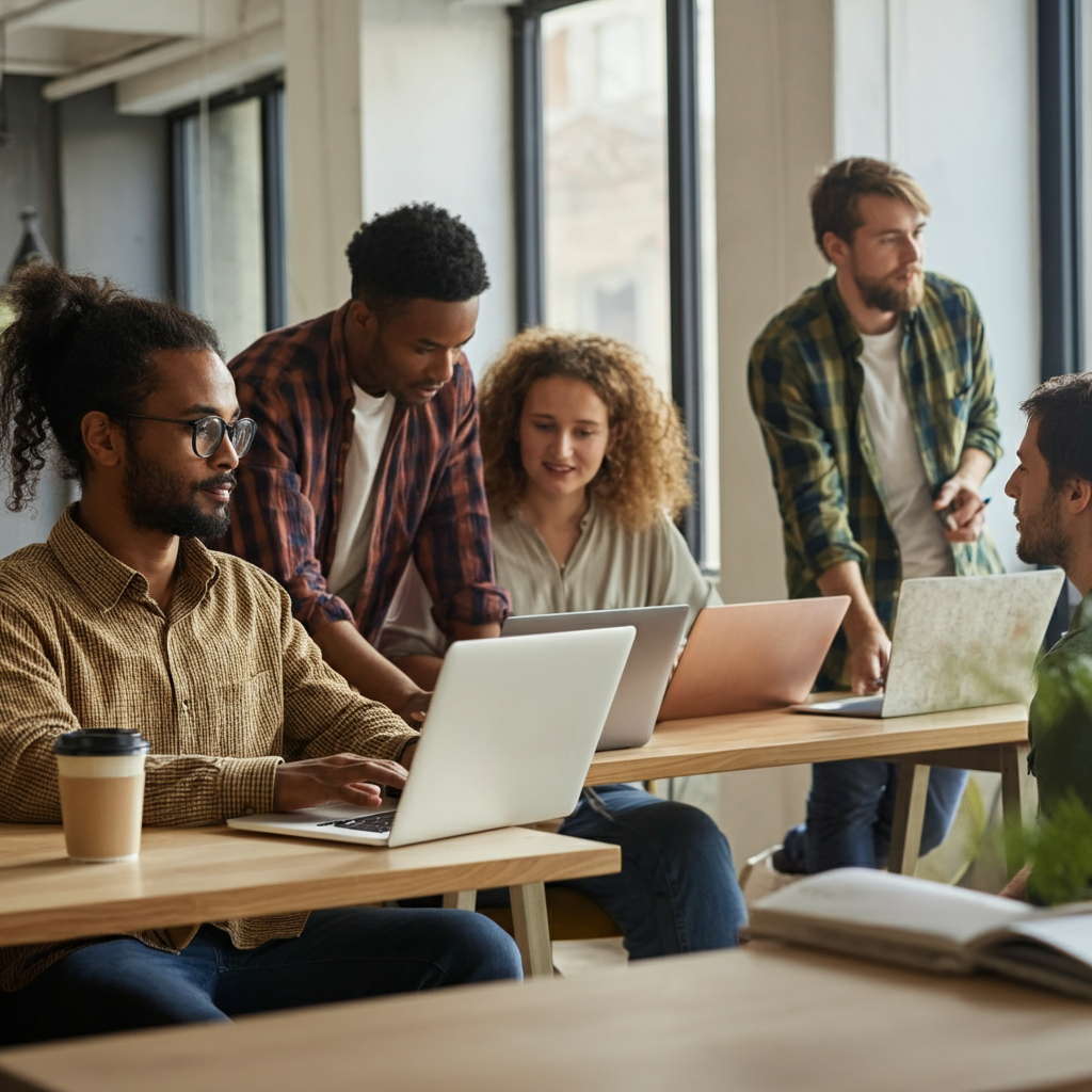 A diverse group of people are collaborating in a modern office space, working on laptops and engaging in lively discussion. The atmosphere is energetic and innovative, with a focus on adapting to new technologies and ideas. The scene is dynamic and well-composed.