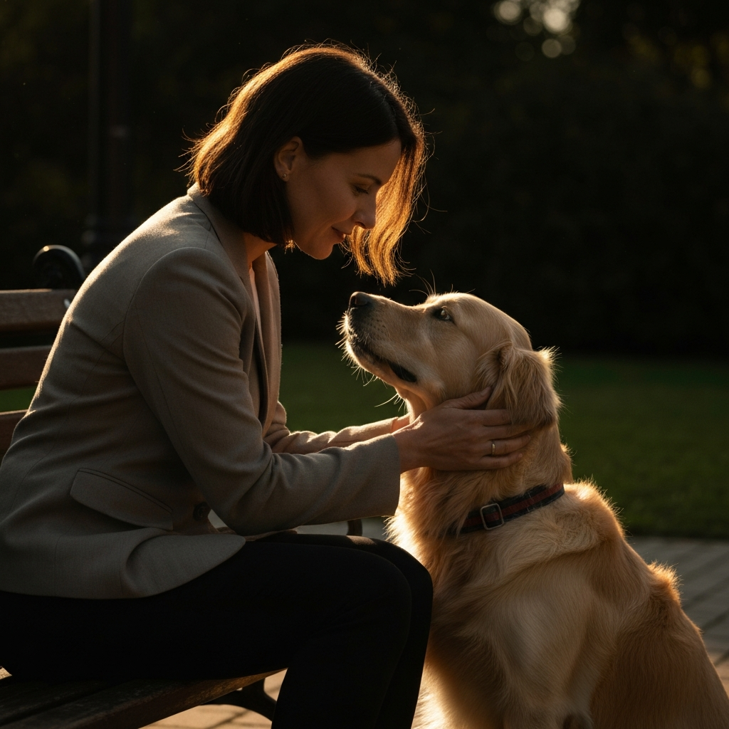 A woman sitting on a park bench, gently stroking a golden retriever's head. The scene is bathed in golden hour lighting, creating soft shadows and a warm, inviting atmosphere. The dog looks up at the woman with unwavering affection.