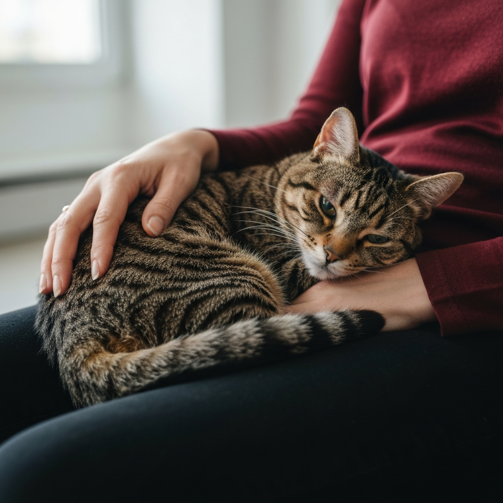 Close-up shot of a tabby cat curled up on a woman's lap. The cat's fur is soft and detailed, and the woman's hand rests gently on its back. The background is blurred, creating a shallow depth of field.