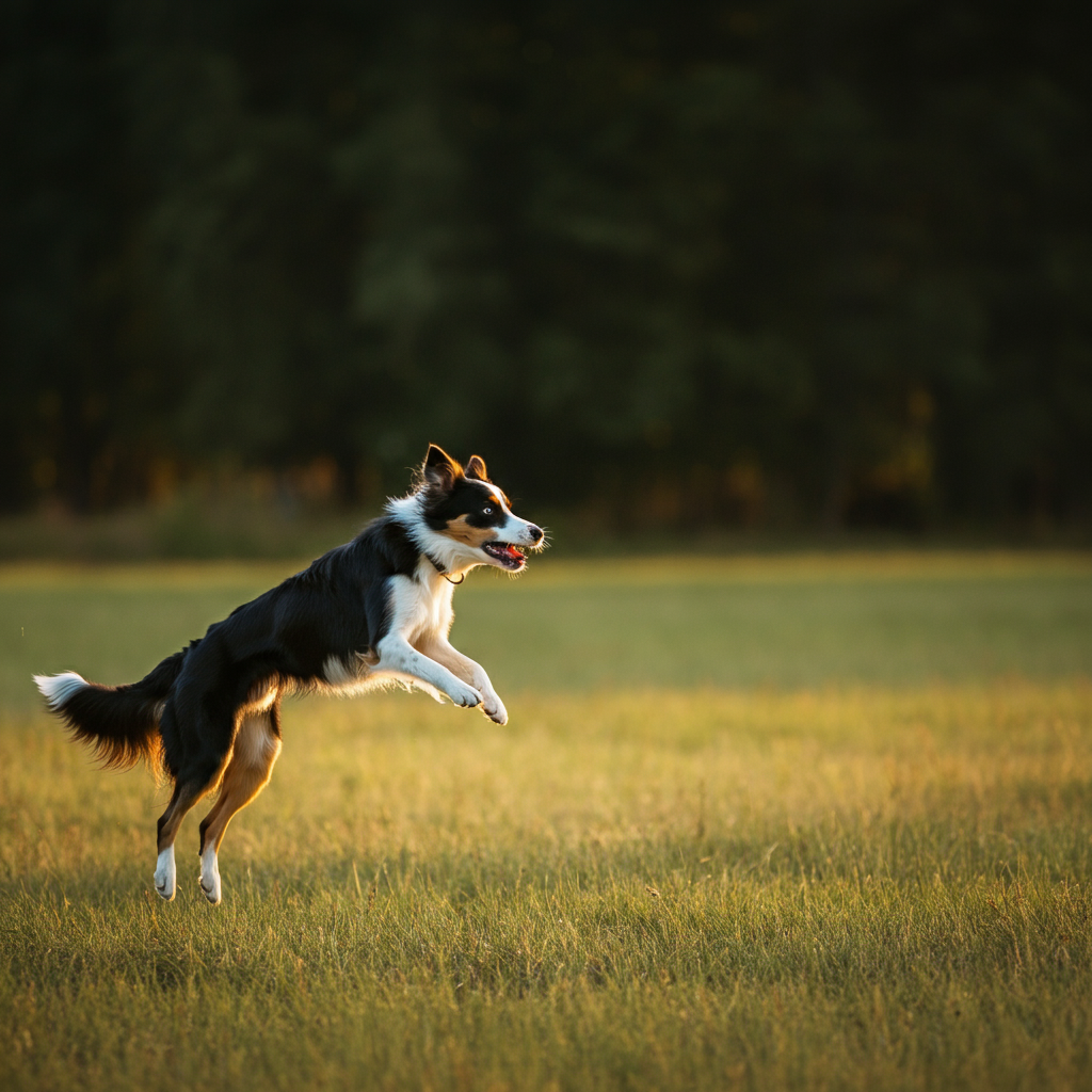 A person throwing a frisbee for a border collie in a wide open field. The dog is mid-air, eyes focused intently on the frisbee. The scene has bright, natural lighting, showcasing the dog's agility and energy.