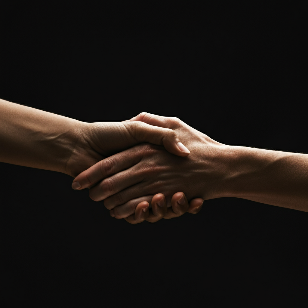 Two hands clasped together in a sign of support. The lighting is soft and diffused, creating a sense of warmth and connection. Focus is on the texture of the skin and the gentle overlap of the fingers.