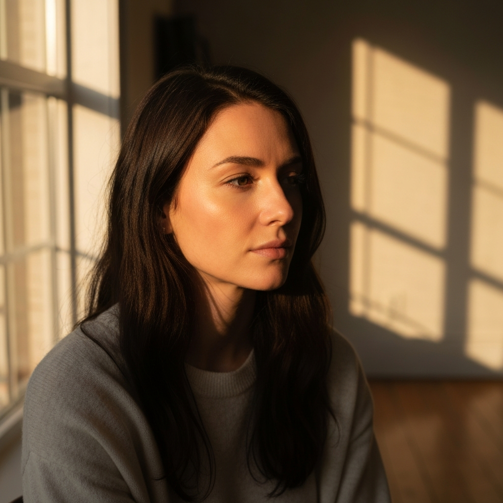 A person sitting in a quiet, sunlit room, gazing out a window with a contemplative expression. Soft golden hour lighting bathes their face. The scene conveys a sense of introspection and peace.
