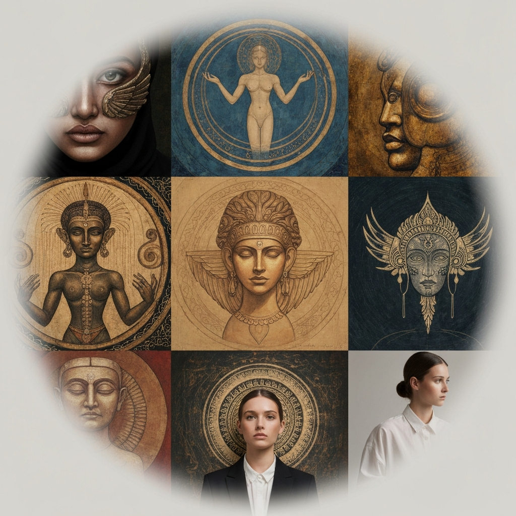 A collage of artistic representations of creation myths from different cultures. The images are arranged in a harmonious composition, with soft, blended edges. The lighting is even and balanced, highlighting the diverse artistic styles.