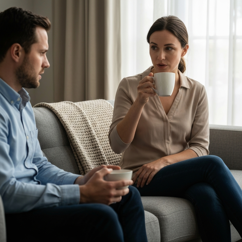 A woman sits on a plush grey sofa, sipping tea from a white mug. She is listening intently to a man sitting beside her, whose expression is anxious. Soft, natural light filters through a sheer curtain, highlighting the subtle textures of the woven throw blanket on the sofa.