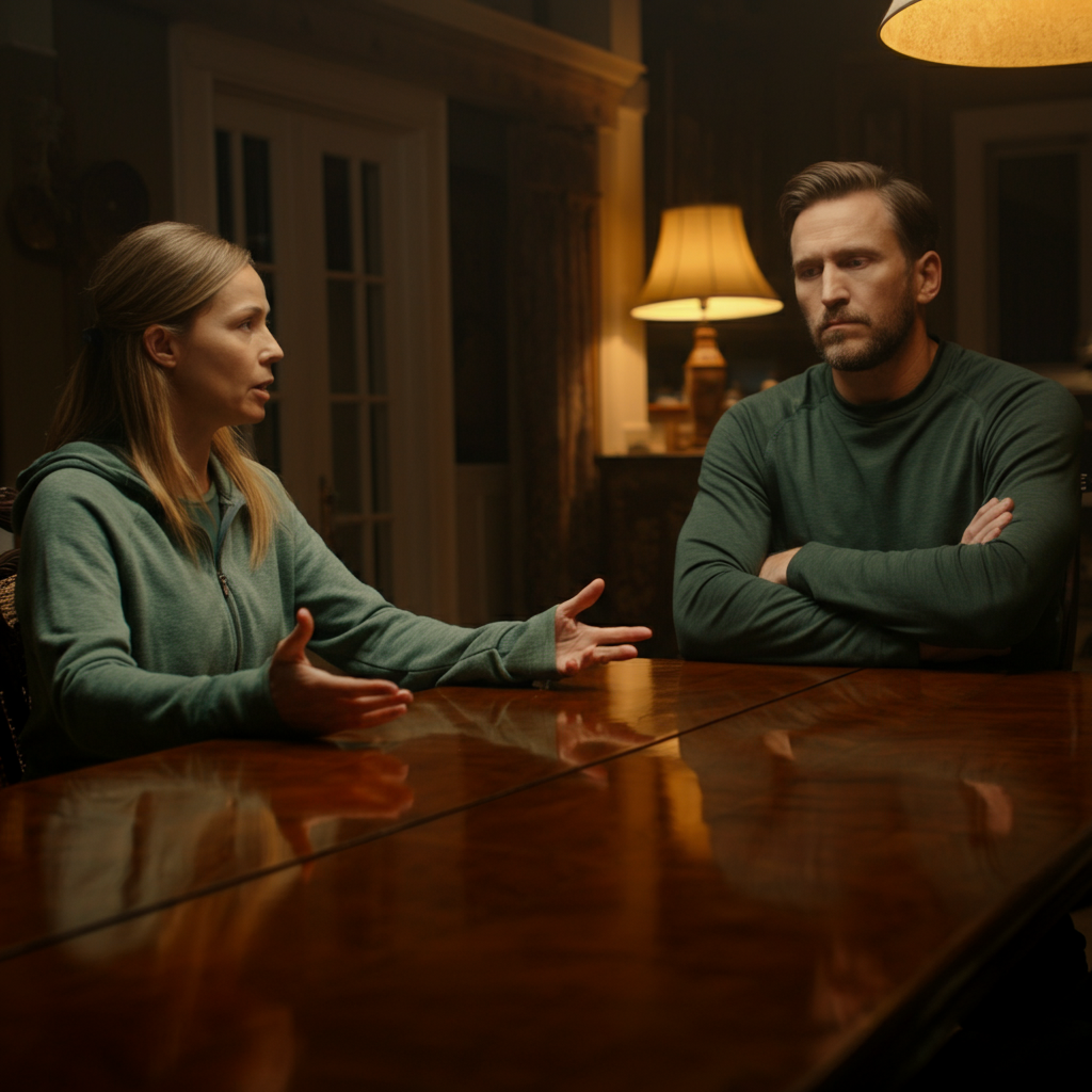 A man and woman are seated at a polished wooden dining table. The woman speaks calmly with a concerned expression while the man sits stiffly, looking down with his arms crossed protectively. Warm, dim lighting from a nearby lamp casts long shadows across the table.