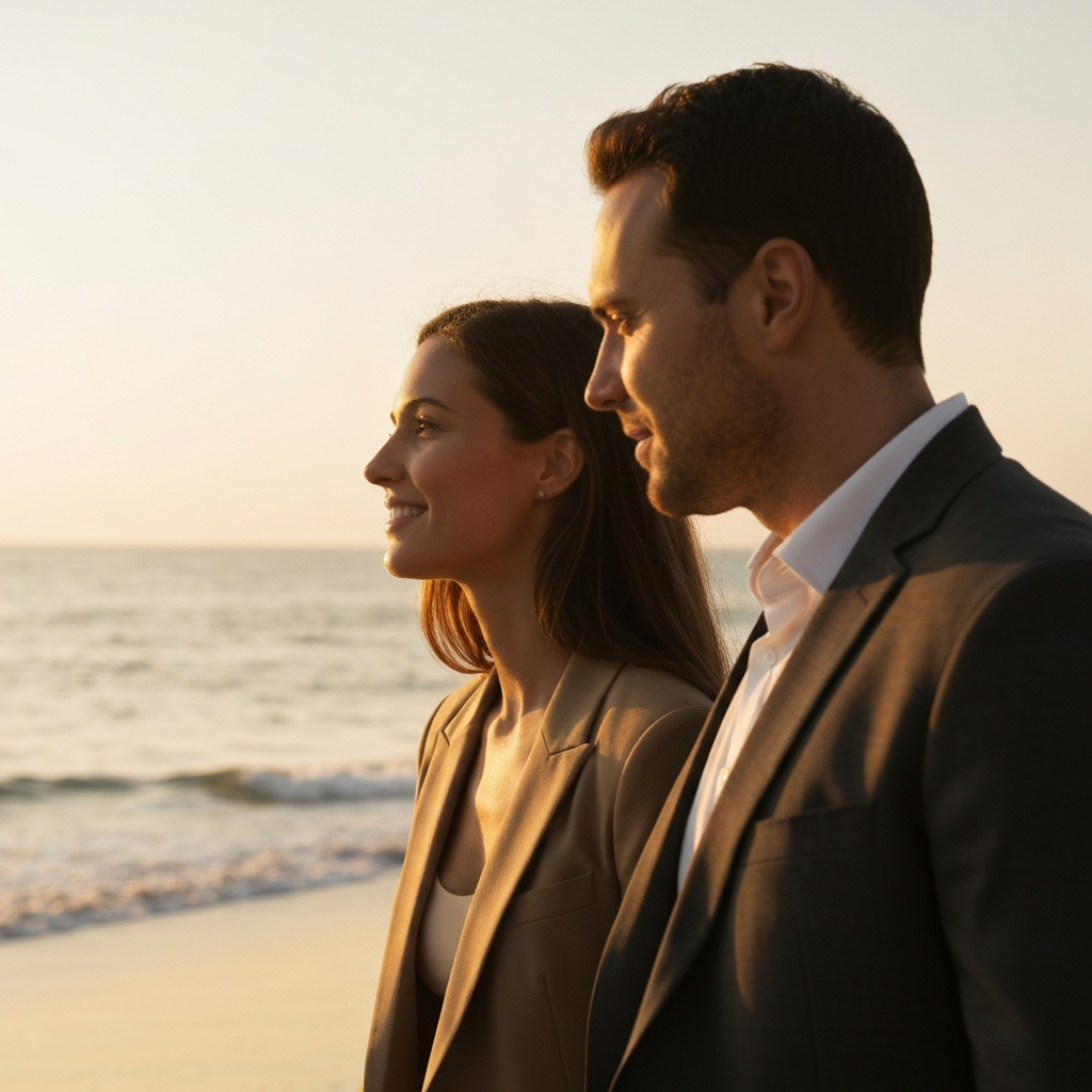 A couple is walking along a beach during sunset. The woman is looking out at the ocean, smiling serenely. The man is looking at her intently, as if her happiness is his sole focus. Golden hour lighting casts a warm glow over the scene, creating a romantic ambiance.