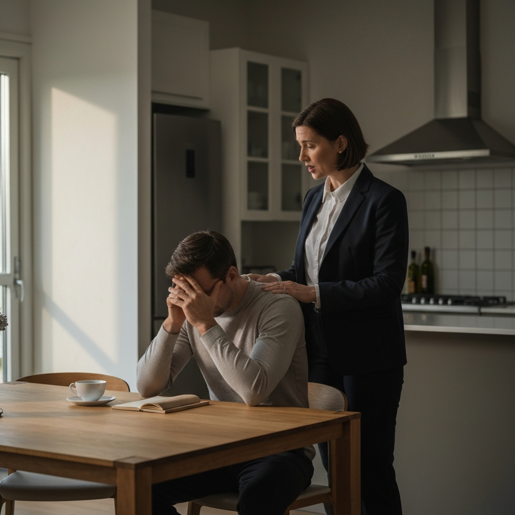 A man is sitting at a kitchen table, head in his hands, looking distressed. A woman stands beside him, gently rubbing his back and speaking in a soothing tone. The kitchen is dimly lit, with soft light filtering through a window.