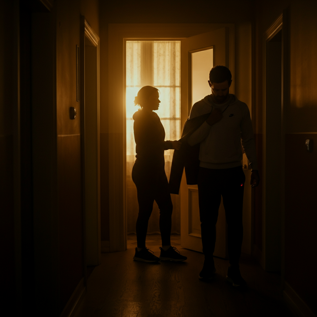 A woman is putting on her coat, preparing to leave. A man stands in the doorway, looking downcast. The lighting in the hallway is warm and inviting, but the atmosphere is tense with unspoken emotion.