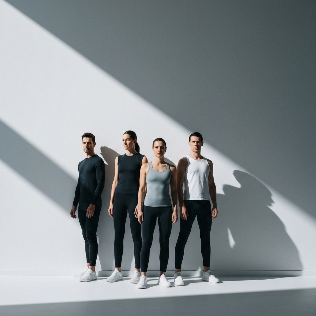 Five people dressed in generic but slightly futuristic workout gear standing in a dramatic V formation against a blank white wall, mimicking a posed group photo. Soft, diffused lighting from above casts subtle shadows.