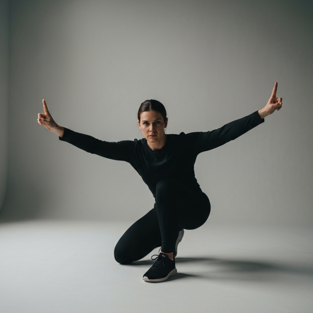 A person in workout clothes crouching with one knee on the ground and their arms forming a wide V shape. Focus on the hand detail showing only index fingers extended. The backdrop is a neutral grey studio setting.